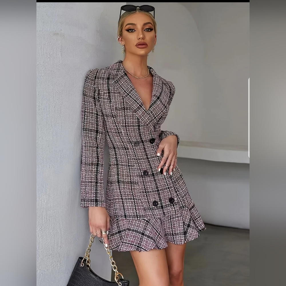 Double-Breasted Plaid Midi Dress with Ruffle Hem - Pink & Black